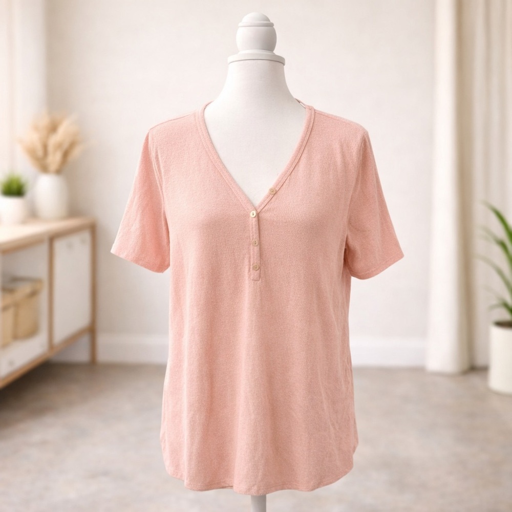 White Birch Large Pink Terry Knit Henley Top Stretchy Soft Tee